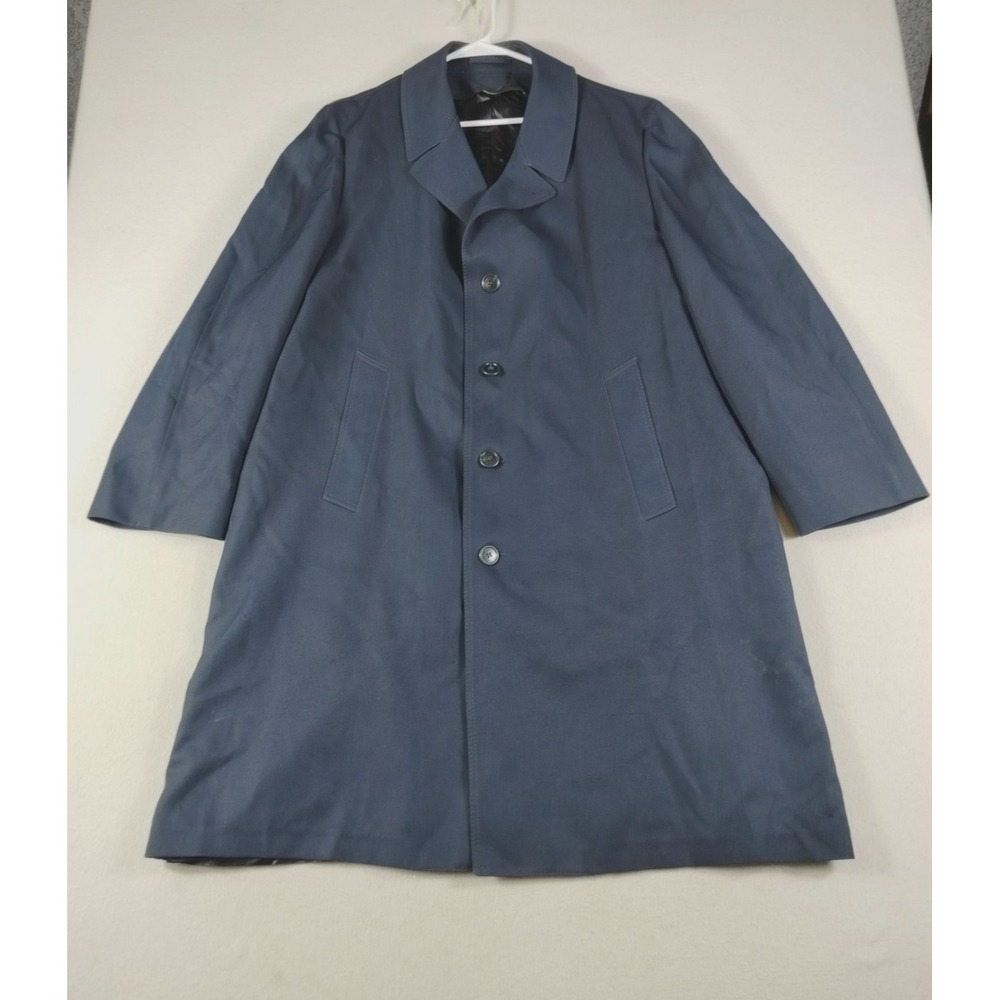 Vintage London Fog Coat Men 46 Blue Polyester Rain Topcoat Long Overcoat Classic